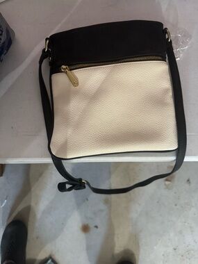 Two-Tone Black and Cream Crossbody Bag with Front Zip Pocket